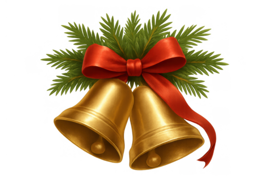 Christmas bells hanging on pine branches with red ribbon and bow, symbolizing holiday celebration and winter season greeting