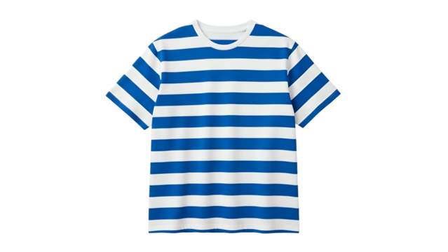 Short sleeved upper garment featuring bold horizontal blue and white stripes