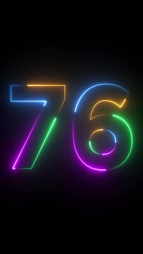 Neon glowing text 76 number animation on black background.76 number neon bright blue red and orrange color.Shining green neon number seventy six animation.