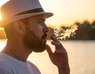 Man smoking a cigarette outdoors, side profile, sunlight creating warm glow, hat, beard, wisps of smoke, water and trees background