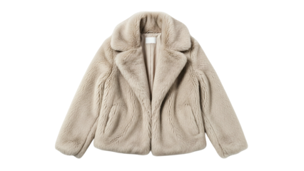 Plush, cropped outerwear garment made of soft faux fur material displayed against a dark background