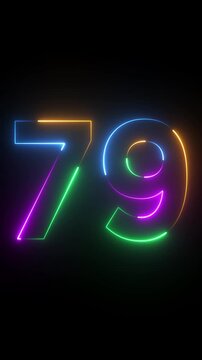 Neon glowing text 79 number animation on black background.79 number neon bright blue red and orrange color.Shining green neon number seventy nine animation.