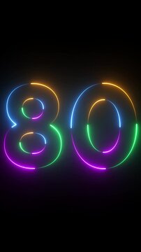 Neon glowing text 80 number animation on black background.80 number neon bright blue red and orrange color.Shining green neon number eighty animation.