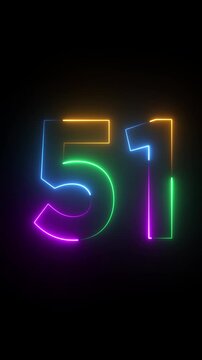 Neon glowing text 51 number animation on black background.51 number neon bright blue red and orrange color.Shining green neon number fifty one animation.