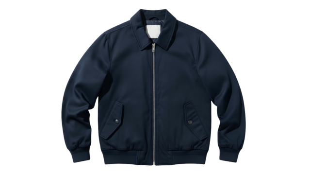 Plain dark blue Harrington style outerwear garment displayed against a black background