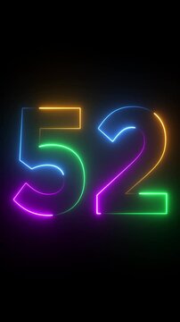 Neon glowing text 52 number animation on black background.52 number neon bright blue red and orrange color.Shining green neon number fifty two animation.