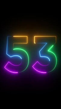 Neon glowing text 53 number animation on black background.53 number neon bright blue red and orrange color.Shining green neon number fifty three animation.