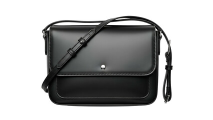 Rectangular black leather satchel featuring an adjustable shoulder strap against a solid dark background