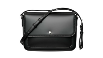 Rectangular black leather satchel featuring an adjustable shoulder strap against a solid dark background