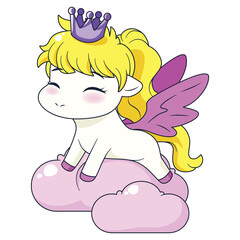 Cute cartoon pegasus princess with golden blonde hair wearing a purple crown sitting on soft pink clouds with outstretched purple wings fantasy illustration