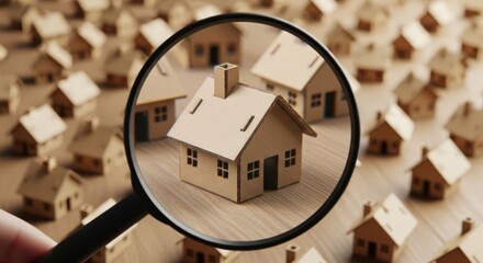 Minimalist Magnifying Glass Inspecting Cardboard House in a Real Estate Theme