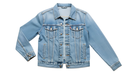 Light wash denim outer garment displays classic construction details against a solid dark background