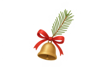 Golden christmas bell decorating a pine branch with red ribbon, symbolizing festive holidays and seasonal cheer