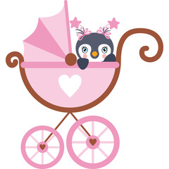 Cute Cartoon Penguin Adorable Baby Girl Penguin Riding In A Pink Stroller With Stars And Hearts Adorable Cute Penguin Character Graphic Design Illustration On Transparent Background