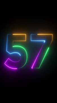 Neon glowing text 57 number animation on black background.57 number neon bright blue red and orrange color.Shining green neon number fifty seven animation.