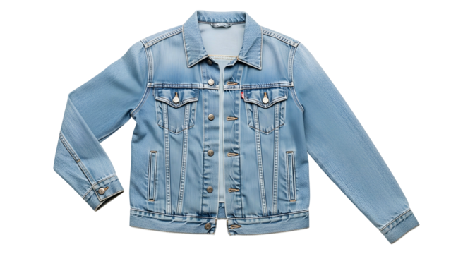 Light wash denim outer garment displays classic construction details against a solid dark background