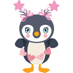 Cute cartoon penguin wearing pink star headband and heart garland with transparent background
