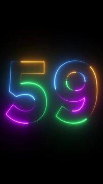 Neon glowing text 59 number animation on black background.59 number neon bright blue red and orrange color.Shining green neon number fifty nine animation.