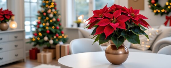 Elegant Poinsettia Arrangement with Christmas Tree in Cozy Festive Living Room