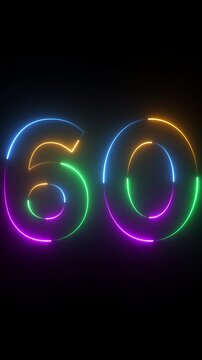 Neon glowing text 60 number animation on black background.60 number neon bright blue red and orrange color.Shining green neon number sixty animation.
