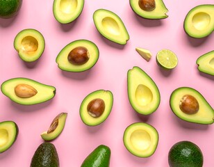 Overhead shot of ripe avocados, sliced, arranged on a vibrant pink surface