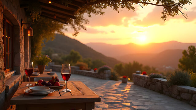 Romantic sunset dinner with wine overlooking the mountains in a serene setting