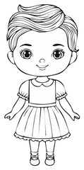 Simple black and white illustration of a young girl in a dress and shoes for coloring