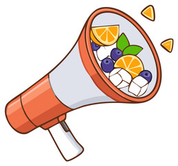Megaphone filled with fresh fruit and ice cubes announces healthy lifestyle