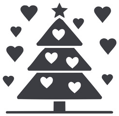 Christmas tree decorated with hearts and a star, surrounded by floating hearts.
