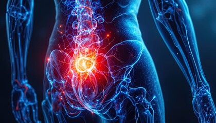 Discover vibrant depiction of hip pain anatomy, showcasing inflammation and discomfort for medical education and health awareness campaigns