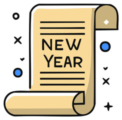 New Year's message written on a paper scroll illustration, with playful decorations, in a hand-drawn style.