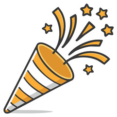 Festive cartoon party popper exploding with golden stars and celebratory confetti streamers