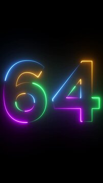 Neon glowing text 64 number animation on black background.64 number neon bright blue red and orrange color.Shining green neon number sixty four animation.