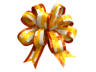 Festive orange and yellow striped gift bow isolated on black, Isolated On White Background, Png Transparent