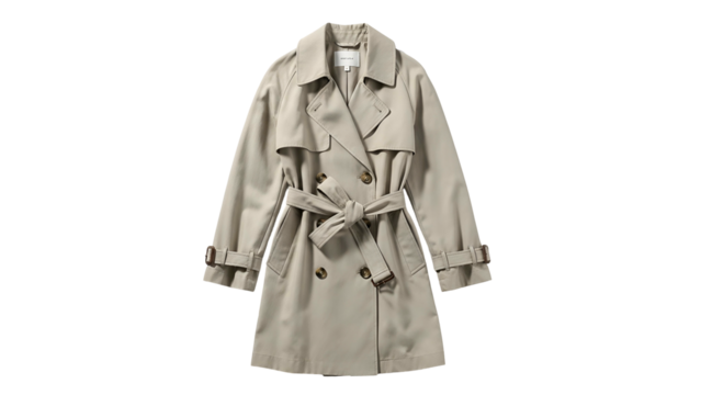 Classic beige double-breasted outerwear garment isolated on black background