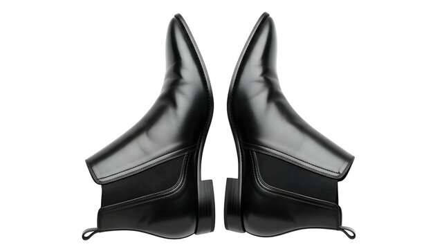 Symmetrical composition features two polished black leather ankle boots against a dark backdrop