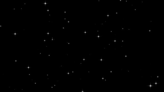 White glowing stars sparkle blinking retro vector dots twinkling starry night sky looping animation doodle glitter trail magic dust shimmer particle on black background