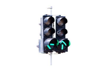 Traffic light show green, red, yellow light attached to steel poles. Traffic lights help organize. Isolated on cutout PNG or transparent background. Signal stop light device various road intersections
