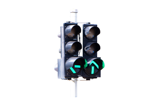 Traffic light show green, red, yellow light attached to steel poles. Traffic lights help organize. Isolated on cutout PNG or transparent background. Signal stop light device various road intersections