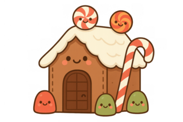 Cute gingerbread house illustration, decorated with sweet candy, smiling lollipops, and festive candy cane for holiday design