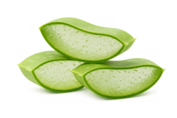 Aloe vera slices displaying fresh green plant gel for skincare and health products, featured on a transparent background