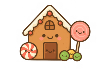 Cute gingerbread house with smiling candy decorations, offering sweet festive joy and holiday season warmth, transparent background