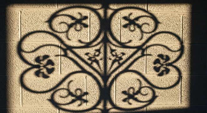 Shadow patterns create abstract floral designs on a textured wall illuminated by light