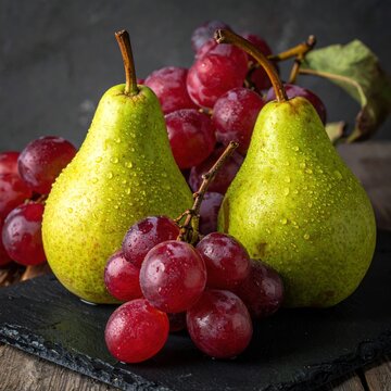 Close-up of green pears and red grapes on a dark stone surface