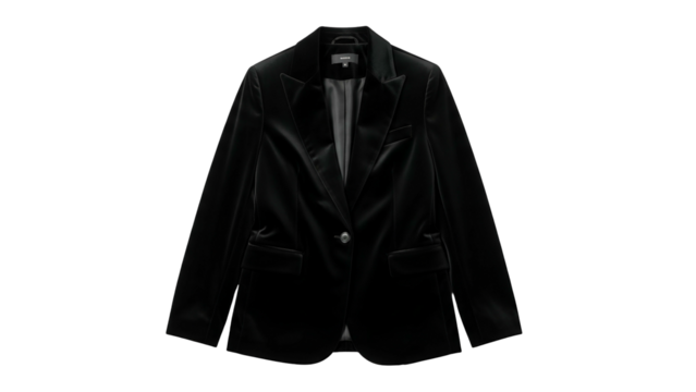 Luxurious black velvet blazer displayed against a solid dark background