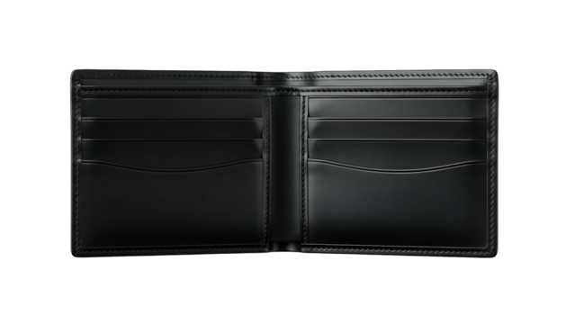 Luxurious black leather bifold wallet interior displayed open against a dark background