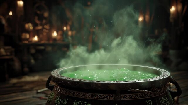 Mysterious green potion bubbling in ancient cauldron with magical smoke