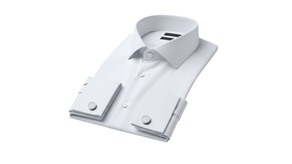 Crisp white formal garment featuring French cuffs and silver buttons rests against a dark background