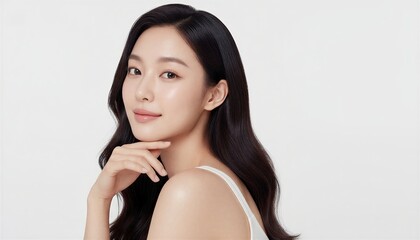 顎に手をあてて微笑むロングヘアの女性