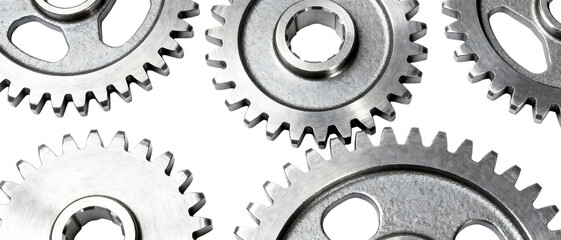 精密に並んだ金属ギアのトップビュー構図で表現する機械的デザイン｜背景なし・透過PNG・コピースペース